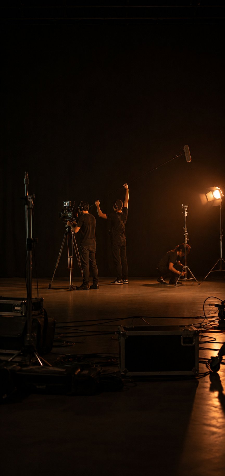 Equipe da Kino Films em estúdio, com câmera, microfone boom e refletor de luz quente